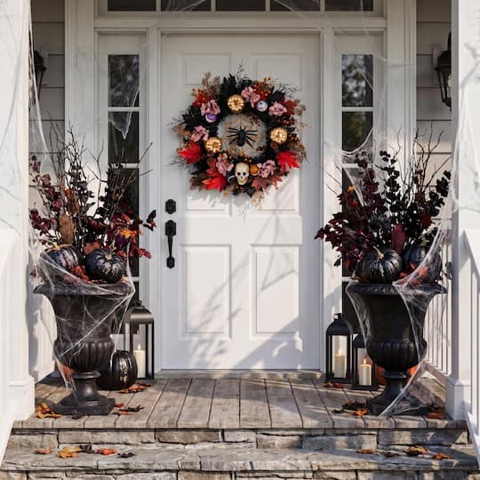 24" Artificial Halloween Wreath with Skulls, Spiders and Pumpkins